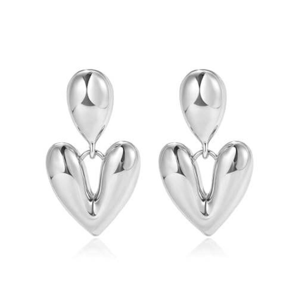 Silver Puffed Heart Drop Earrings Polished Sculptural Statement‎ Jewelry